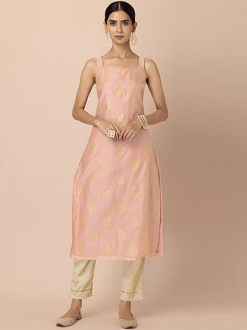 Indya Pink Woven Pattern Straight Kurta Price in India