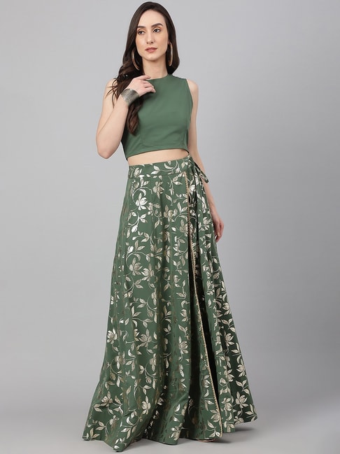 Janasya Green Crop Top Skirt Set Price in India