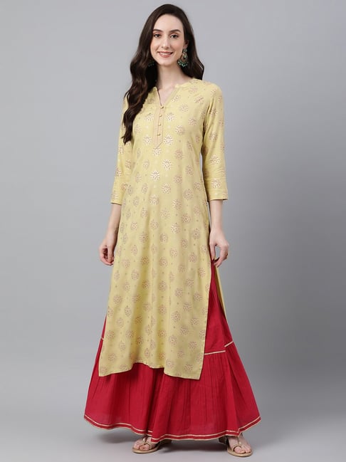 Janasya Yellow Printed Straight Kurta