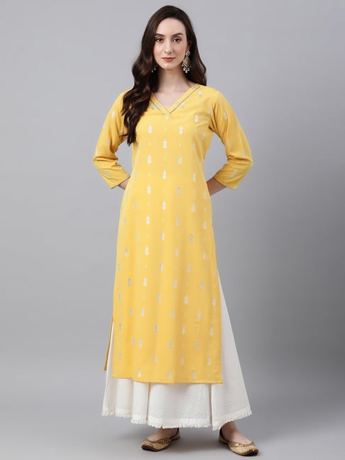 Janasya Yellow Printed Straight Kurta