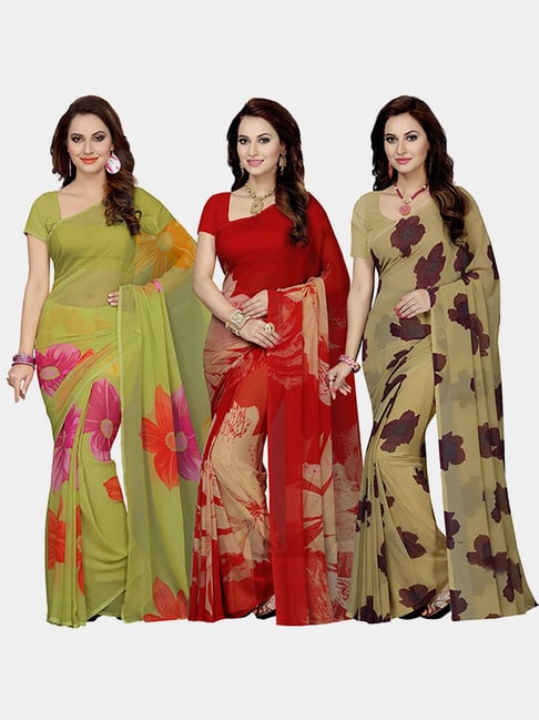 Ishin Multicolored Printed Saree With Unstitched Blouse - Pack Of 3 Price in India