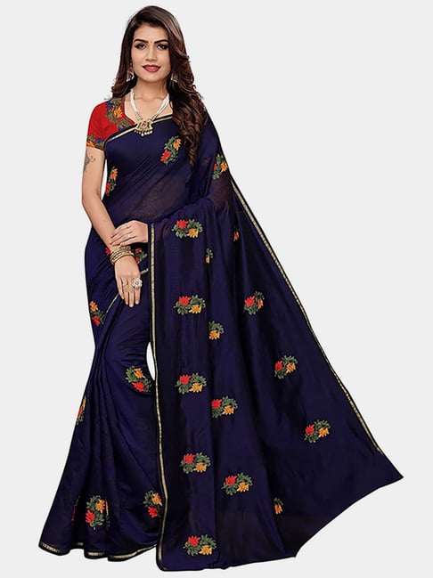 Ishin Navy Silk Floral Print Saree With Unstitched Blouse Price in India