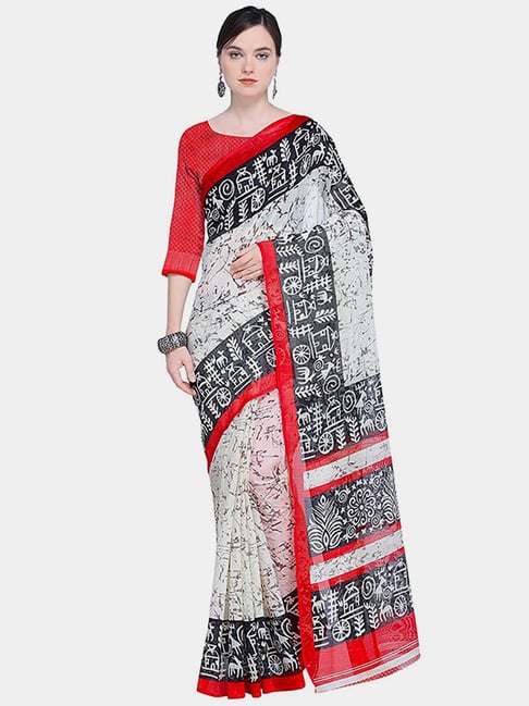 Ishin White Silk Printed Saree With Unstitched Blouse Price in India