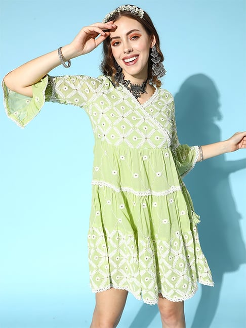 Ishin Green Cotton Embroidered A-Line Dress Price in India