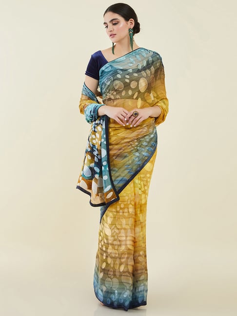 Soch Mustard Printed Saree With Unstitched Blouse Price in India