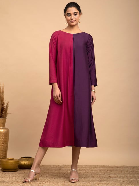 Pink Fort Pink Purple Color-Block A Line Dress