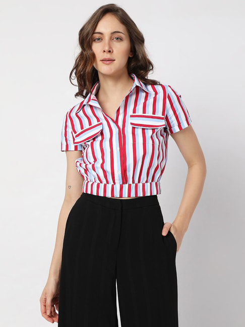 Vero Moda Red & Blue Cotton Striped Crop Shirt Price in India