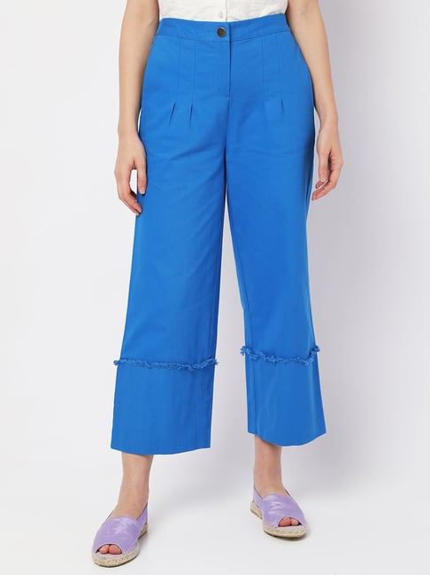 Vero Moda Blue Cotton Straight Fit High Rise Pants