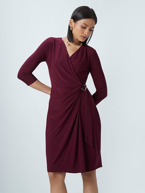 Wardrobe by Westside Burgundy Wrap-Over Style Dress Price in India