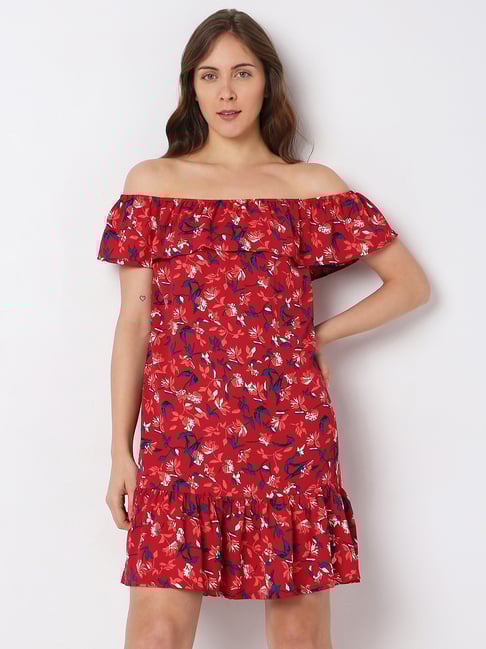 Vero Moda Red & Blue Floral Print A Line Dress-picture-42