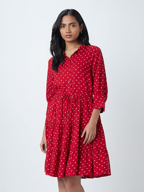 LOV by Westside Red Polkadot-Printed Tiered Dress Price in India