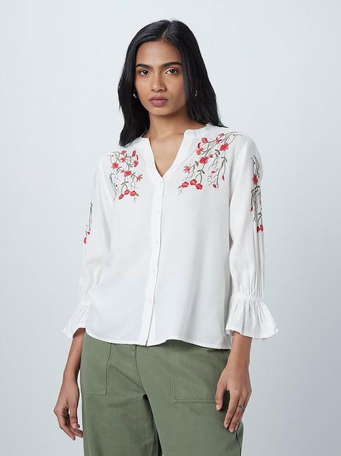 Buy LOV by Westside White Floral Embroidered High-Low Blouse for