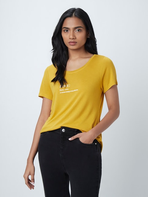 LOV by Westside Mustard Text-Printed T-Shirt Price in India
