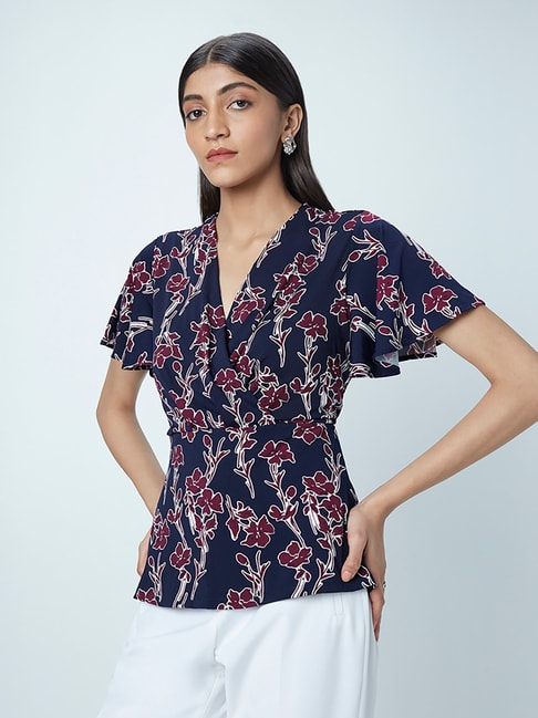 Wardrobe by Westside Navy Floral Patterned Top Price in India