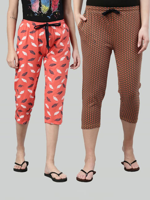 Buy Kryptic Coral & Mustard Printed Capris - Pack of 2 for Women's