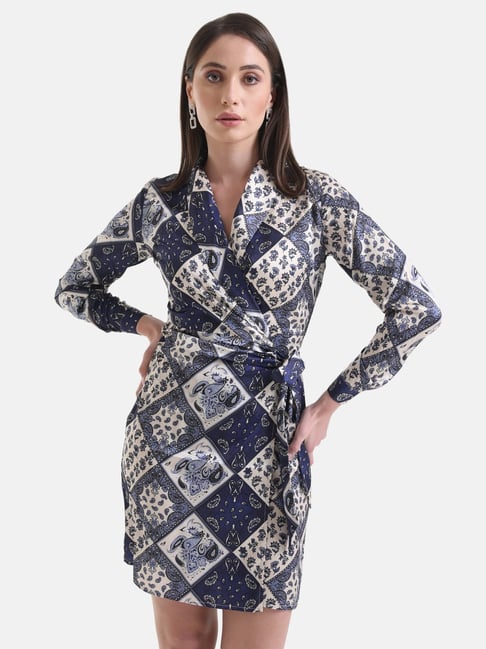 Kazo Blue & Beige Geometric Print Wrap Dress Price in India