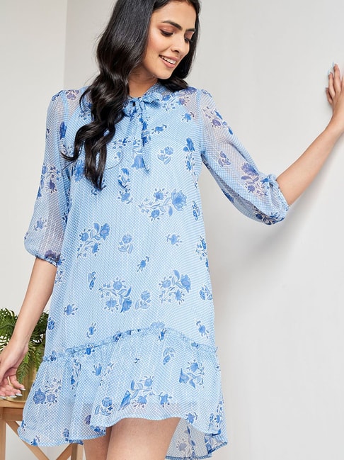Global Desi Blue Floral Print A Line Dress Price in India
