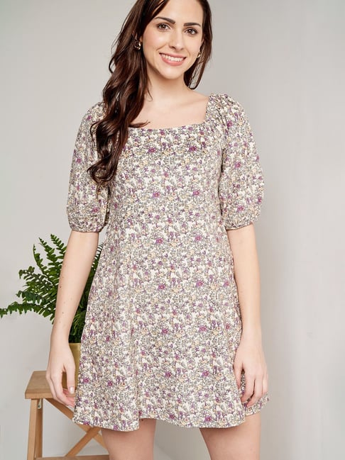 AND Beige & Pink Floral Print A Line Dress Price in India