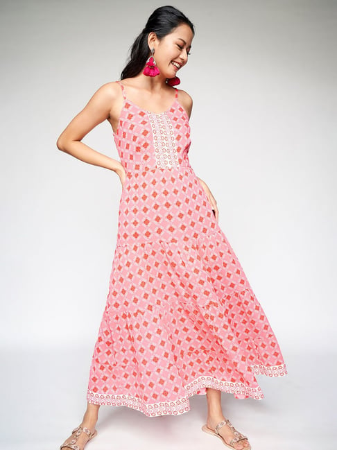 Global Desi Light Pink & Orange Printed Gown Price in India