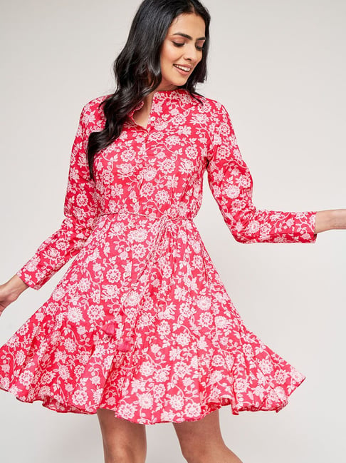 Global Desi Pink & White Cotton Floral Print Wrap Dress Price in India