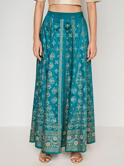 Global Desi Teal & Gold Printed Skirt Price in India