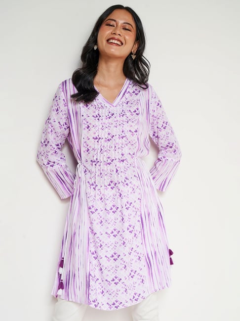 Global Desi Purple & White Printed Tunic