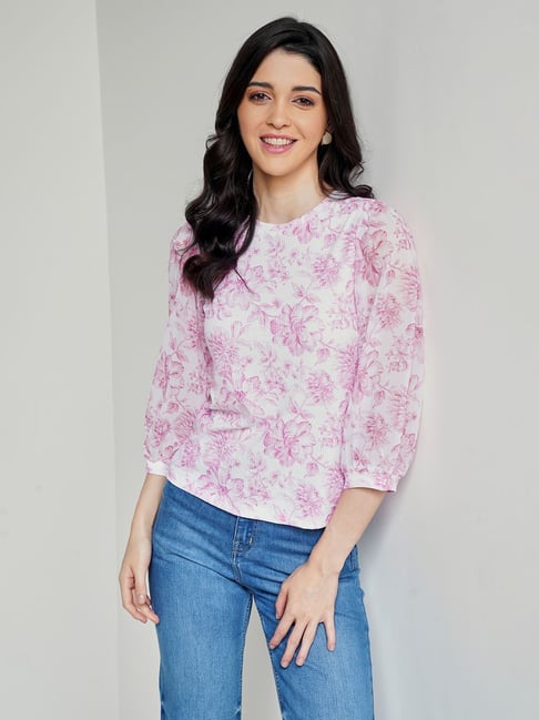 AND Pink & White Floral Print Top Price in India