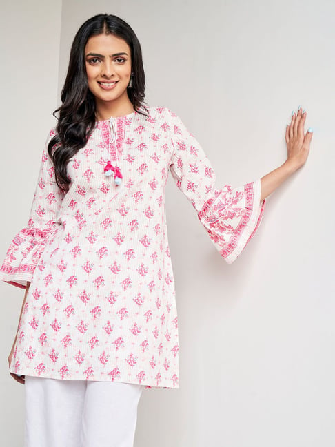 Global Desi White & Pink Cotton Floral Print Tunic