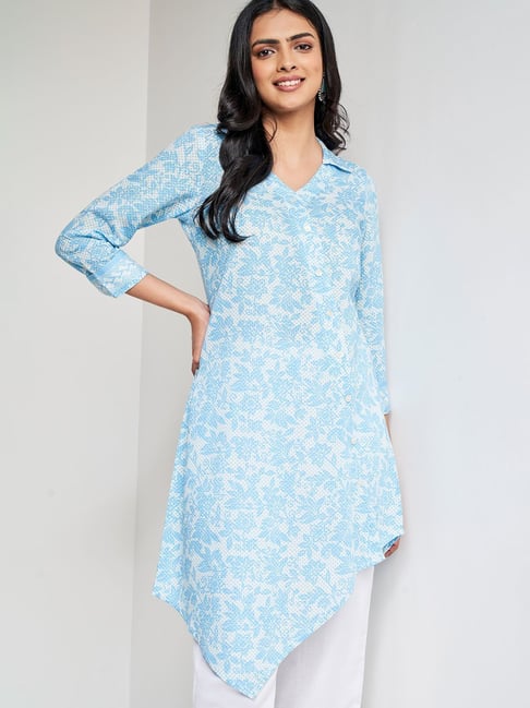 Global Desi Blue & White Printed Tunic