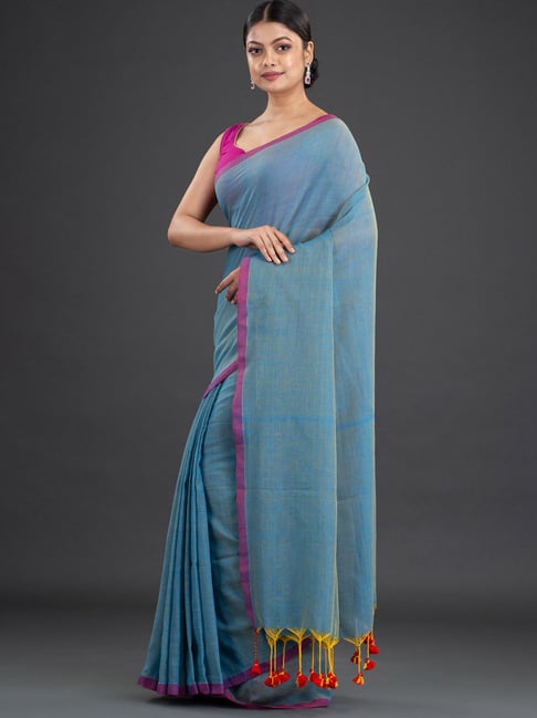 Blue cotton plain saree