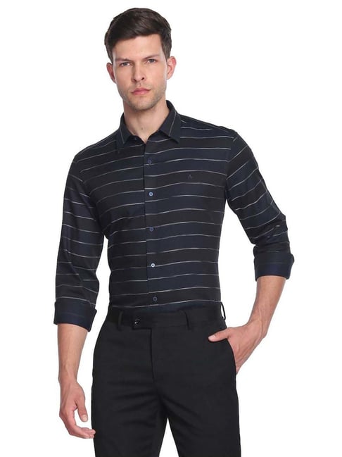 Arrow New York Dark Blue Cotton Slim Fit Striped Shirt