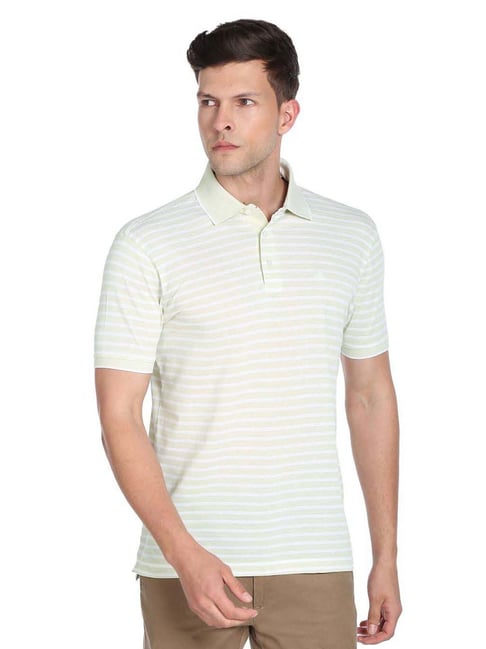 Arrow Light Green Cotton Regular Fit Striped Polo T-Shirt