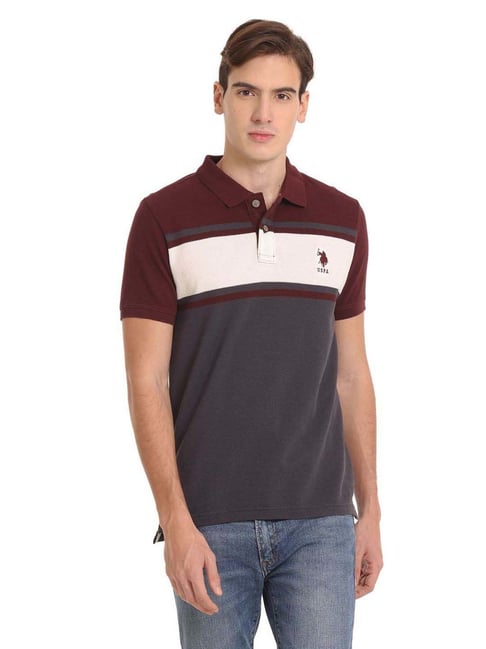 U S Polo Assn U.S. Polo Assn. Maroon Cotton Regular Fit Striped Polo T-Shirt