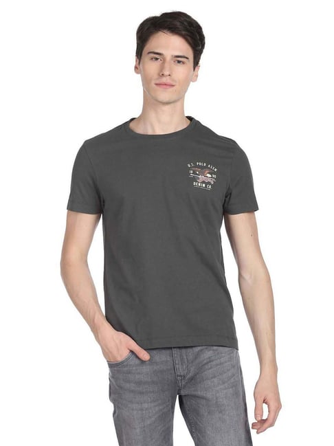 U S Polo Assn U.S. Polo Assn. Dark Grey Cotton Regular Fit Printed T-Shirt