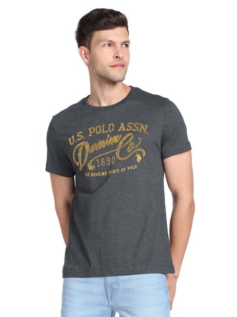 U S Polo Assn U.S. Polo Assn. Dark Grey Cotton Regular Fit Printed T-Shirt