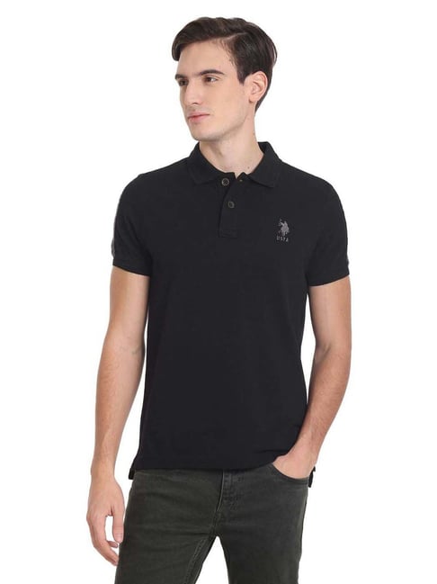 U S Polo Assn U.S. Polo Assn. Black Cotton Regular Fit Printed Polo T-Shirt