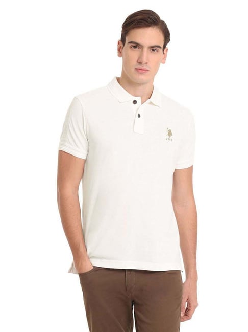 U S Polo Assn U.S. Polo Assn. Off White Cotton Regular Fit Polo T-Shirt