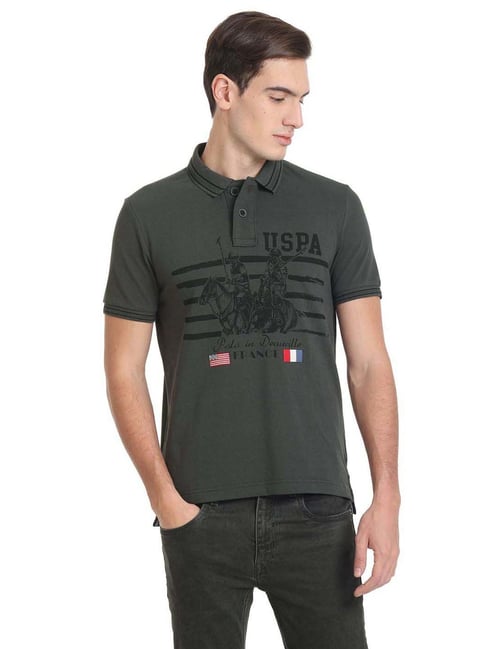 U S Polo Assn U.S. Polo Assn. Grey Cotton Regular Fit Printed Polo T-Shirt