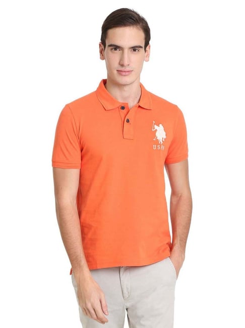 U S Polo Assn U.S. Polo Assn. Orange Cotton Regular Fit Printed Polo T-Shirt