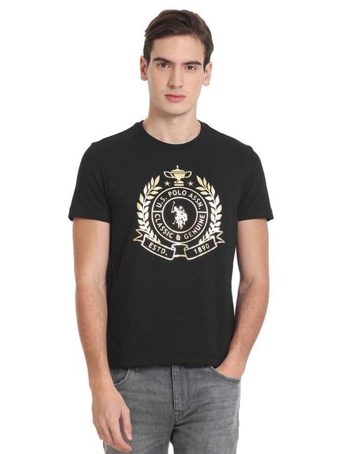 U S Polo Assn U.S. Polo Assn. Black Cotton Slim Fit Printed T-Shirt