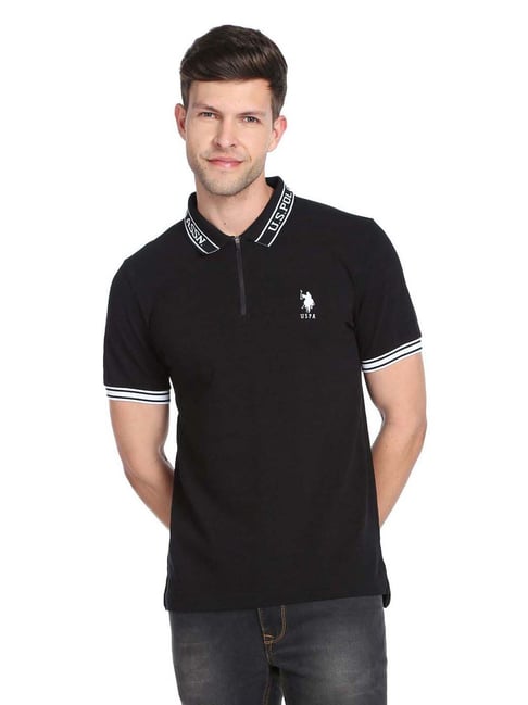 U S Polo Assn U.S. Polo Assn. Black Cotton Slim Fit Printed Polo T-Shirt