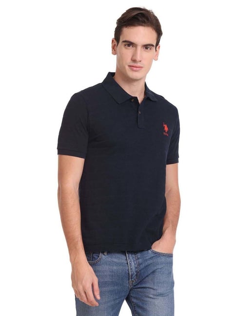 U S Polo Assn U.S. Polo Assn. Navy Blue Cotton Slim Fit Self Pattern Polo T-Shirt