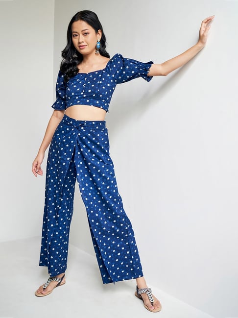 Global Desi Blue Cotton Print Crop Top With Pant