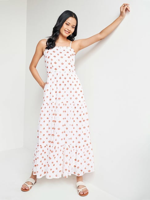 Global Desi White Floral Print Gown Price in India
