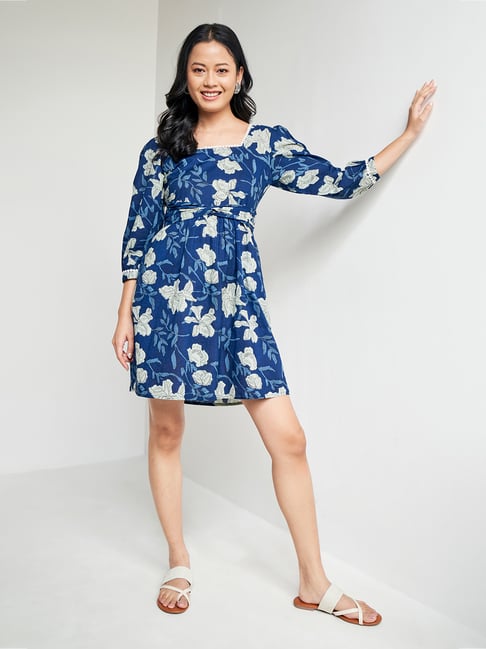 Global Desi Blue Cotton Floral Print Wrap Dress Price in India
