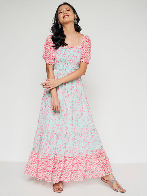 Global Desi Blue & Red Floral Print Gown Price in India