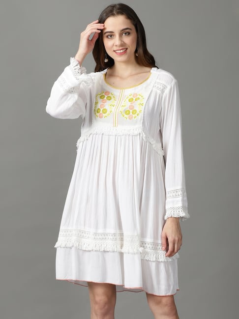 SHOWOFF White Embroidered A Line Dress Price in India