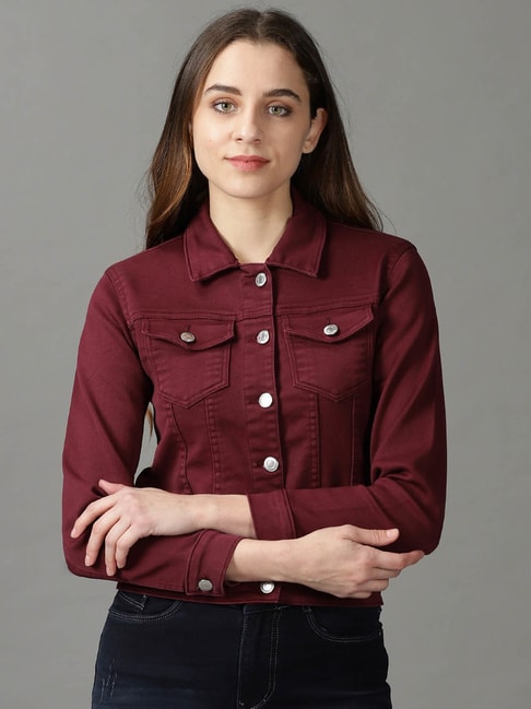 Maroon Elegant Denim Solid 3/4 Sleeve Jacket For Women | gintaa.com-sgquangbinhtourist.com.vn