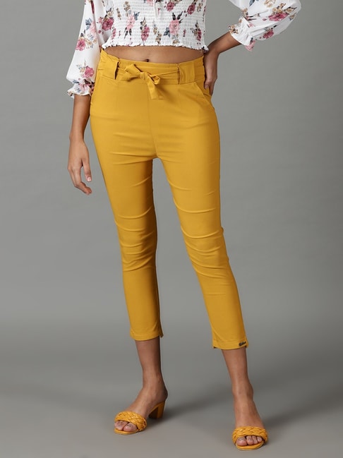 SHOWOFF Mustard Slim Fit High Rise Cigarette Trousers