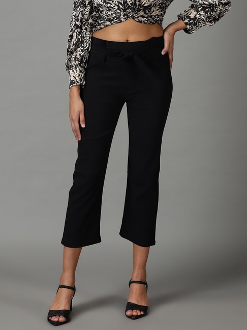 SHOWOFF Black Cotton Straight Fit High Rise Trousers